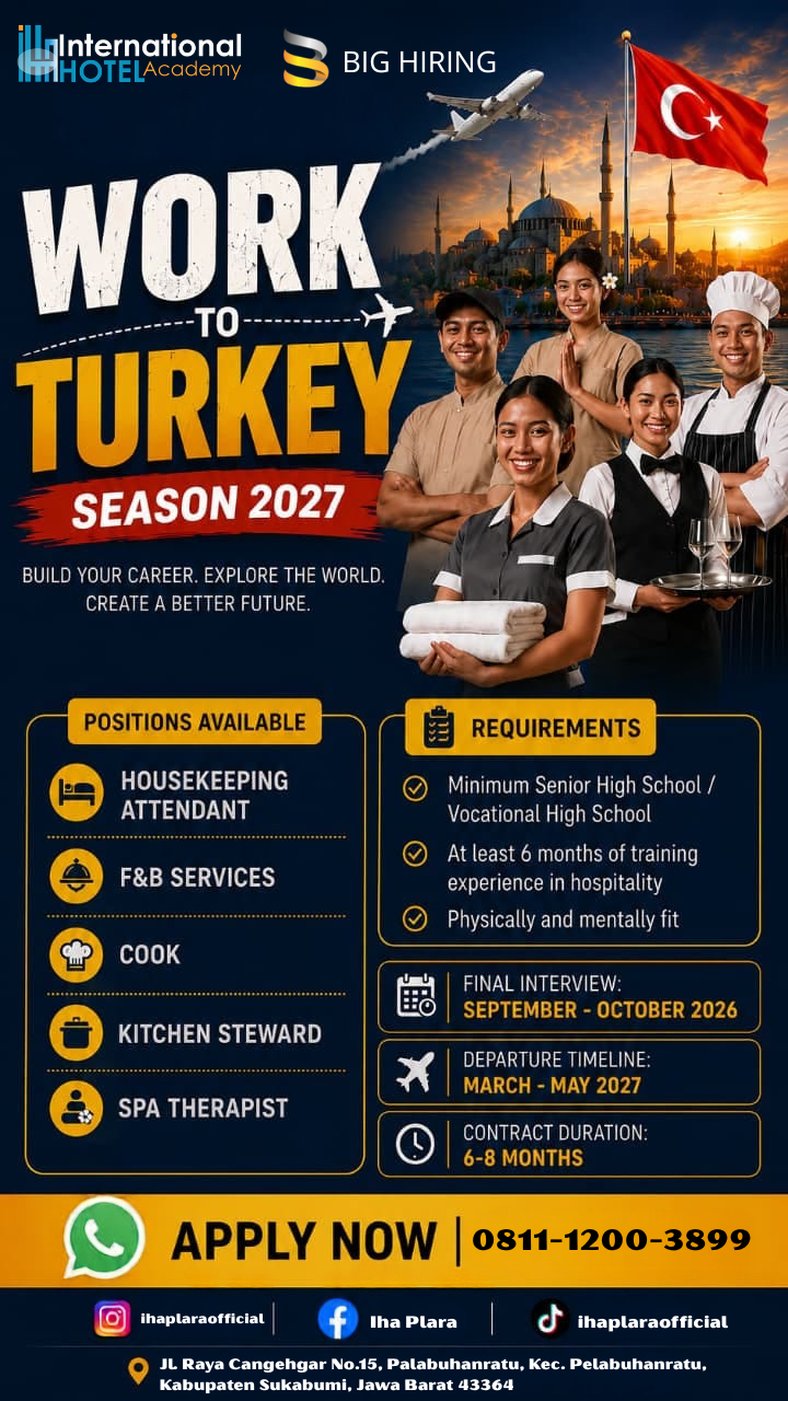 International Hotel Academy bersama PT BIG HIRING kembali membuka kesempatan bagi kandidat yang ingin mendapatkan peluang berkarier di industri perhotelan. Proses wawancara dilakukan secara online , sehingga kandidat dapat mengikuti tahapan seleksi dengan lebih mudah dan fleksibel dari lokasi masing-masing. Referensi Akhir September - Oktober 2026 Bagi kandidat yang berminat, segera persiapkan diri dan ikuti proses pendaftaran sesuai informasi yang telah diberikan.